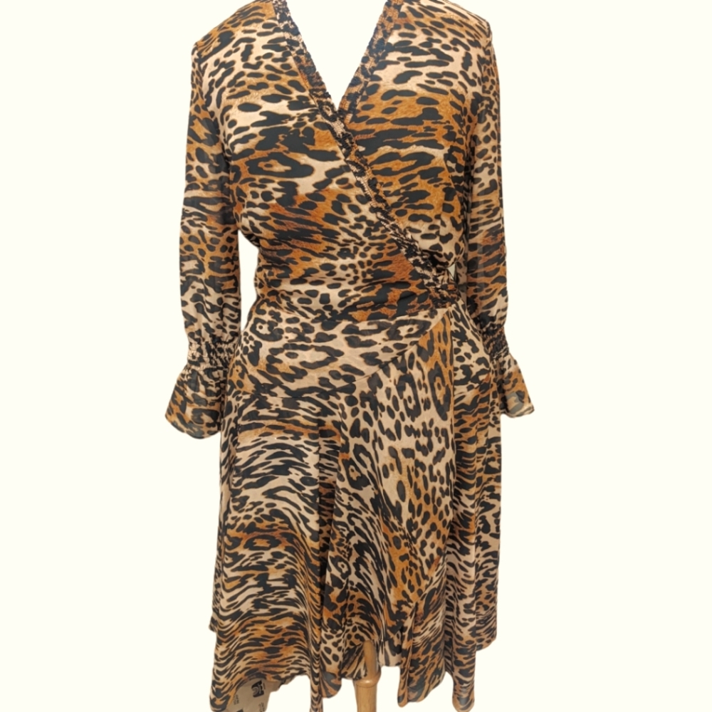 Tahari ASL Women's Long Sleeve Surplice Leopard Print Dress with Tie Waist